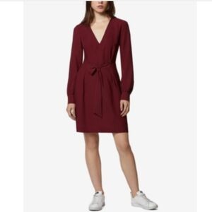 Autumn A-Line Dress with Front Tie Long Sleeve Burgundy Dress